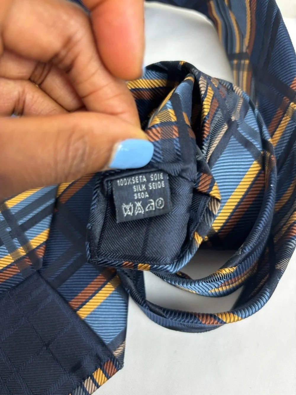 Burberry Silk Tie in Geometric Gold and Navy Blue Pattern